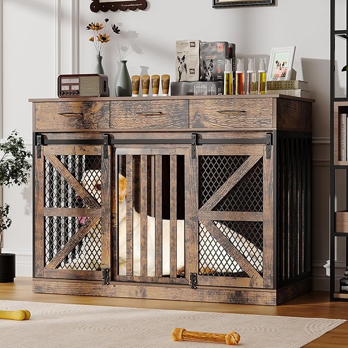 48'' Dog Crate Furniture with Divider&Storage Drawers, Wooden Double Dog Kennel Furniture End Table with Sliding Barn Doors, White Double Dog Crate TV Stand