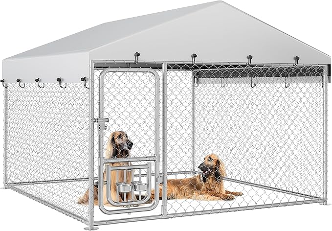 YITAHOME Outdoor Dog Kennel with Rotating Feeder Bowls, 7.5'x7.5' Outdoor Dog Enclosure with Roof, Heavy Duty Dog Cage for Medium Large Dogs