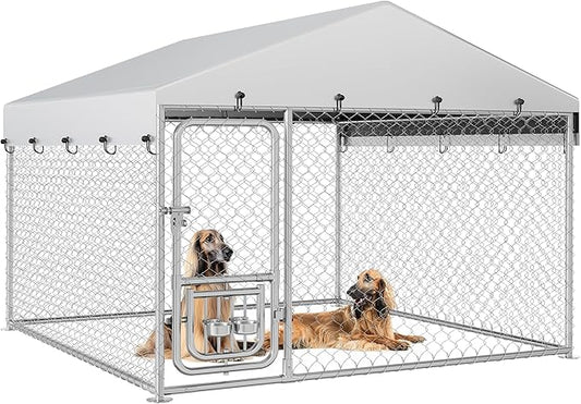 YITAHOME Outdoor Dog Kennel with Rotating Feeder Bowls, 7.5'x7.5' Outdoor Dog Enclosure with Roof, Heavy Duty Dog Cage for Medium Large Dogs