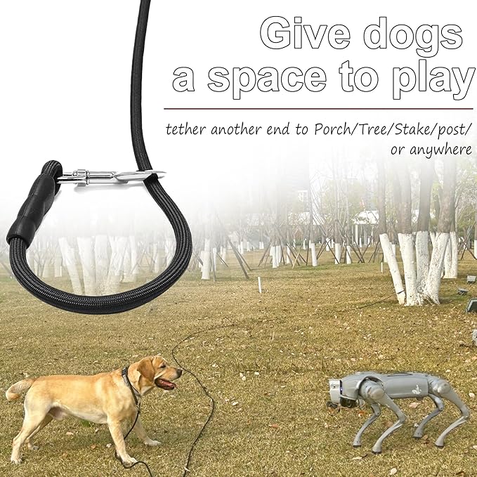 Tie Out Rope Dog Leash, Long Tether 8-10-13-15-20-25-30-35-40-50-65FT Nylon Check Cord for Medium Large Dogs Outdoor Playing Camping Backyard (Black, 3/8" x 25ft)