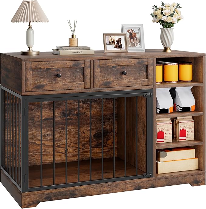 Dog Crate Furniture 47", Large Dog Crate TV Stand with 2 Drawers and 4 Shelves, Wooden Dog Kennel Indoor, Decorative Dog Cage with Storage for Large Dogs, Brown