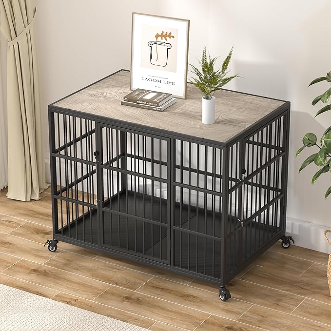 VERIFURTY 42 Inch Heavy Duty Dog Crate Furniture with Self-Locking Latch for Medium and Large Dogs, Escape-Proof Dog Kennel Furniture Indoor, Decorative Pet Cage End Table, Grey