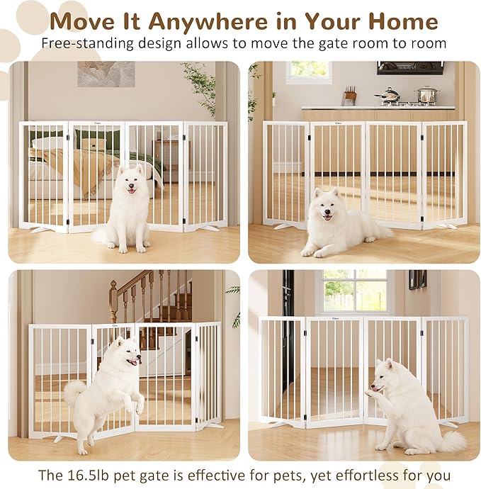 32" Extra Tall Freestanding Dog Gate, Foldable Pet Gate for Doorways Stairs Hallways, 4-Panel Dog Fence with Support Feet for Stability, Folding Puppy Gate Easy to Carry No Drilling 72"x32"