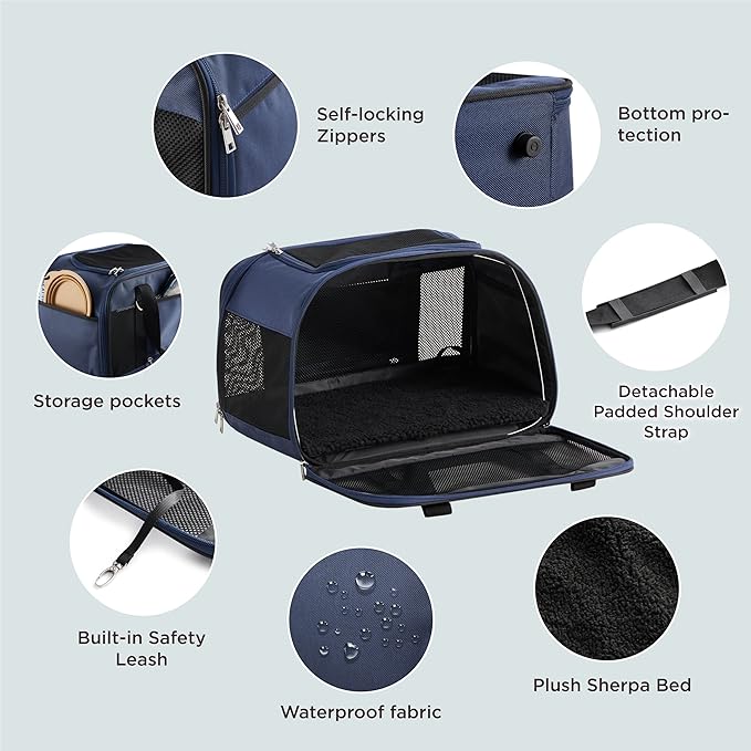 Lesure Cat Dog Carrier Airline Approved - Dog Carrier for Small Dogs Collapsible Soft Side TSA Approved Travel Pet Carrier for Car, Blue, 17.5x11x11