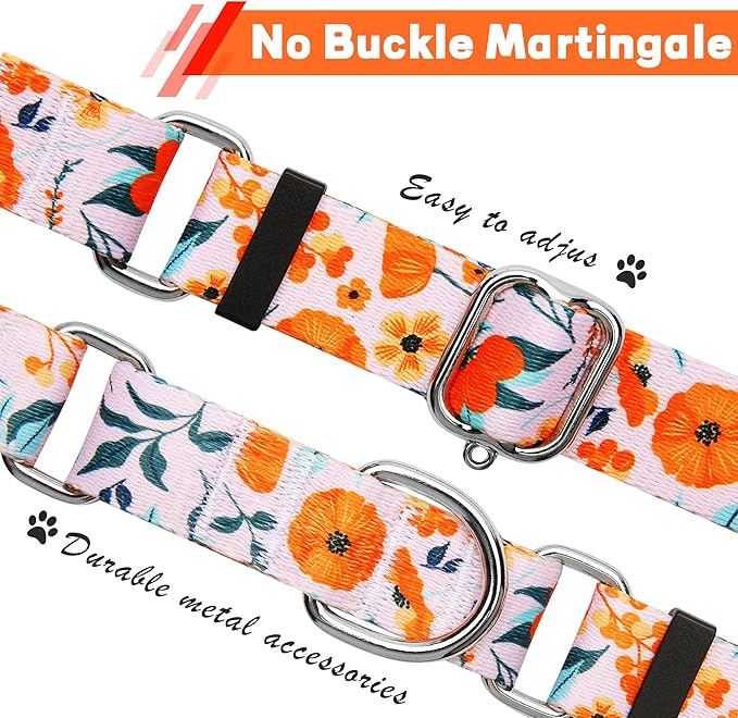 Hikiko Martingale Collar for Dogs with No Buckle Flower Dog Collars Comfortable Nylon Training Collar for Medium Dogs,Retro Orange Flower,M