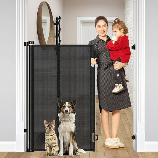 Reinforced 48" Extra Tall Pet Gate with Support Rods, 4 Ft Tall Retractable Baby Gates for Doorways 55" Wide Mesh Dog Gate Indoor Outdoor - Prevent Baby/Pet from Jumping Over, Black