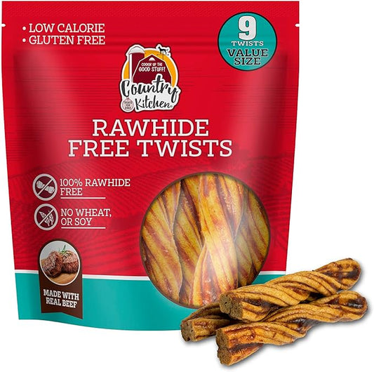 Country Kitchen Rawhide Free Beef Twists Dog Chews, Made with Real Beef, Highly Digestible, Gluten Free, 9 Count