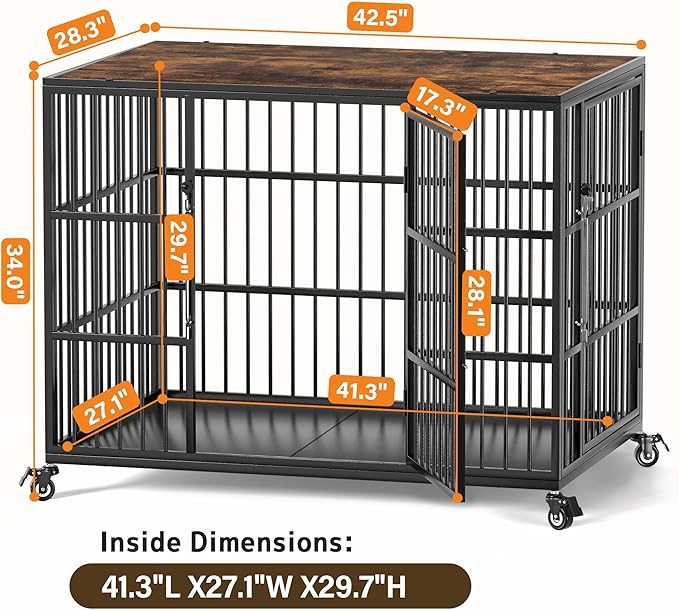 VERIFURTY 42 Inch Heavy Duty Dog Crate Furniture with Self-Locking Latch for Medium and Large Dogs, Escape-Proof Dog Kennel Furniture Indoor, Decorative Pet Cage End Table, Rustic Brown