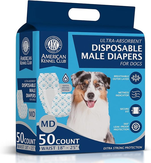 American Kennel Club Male Dog Wrap, Disposable Diapers with Wetness Indicator, Medium, 50 Count