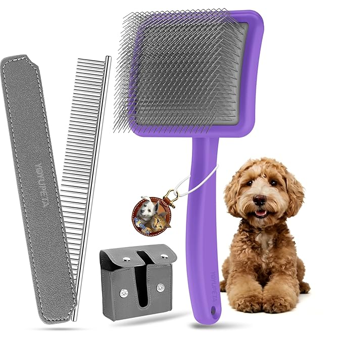 Large Slicker Brush for Dogs,Doodle Brush for Poodles, Goldendoodles, Labradoodle, Extra Long Pins for Detangling Matted Fur & Removing Tangle, Dog Grooming Kit with Wooden Handle. Purple