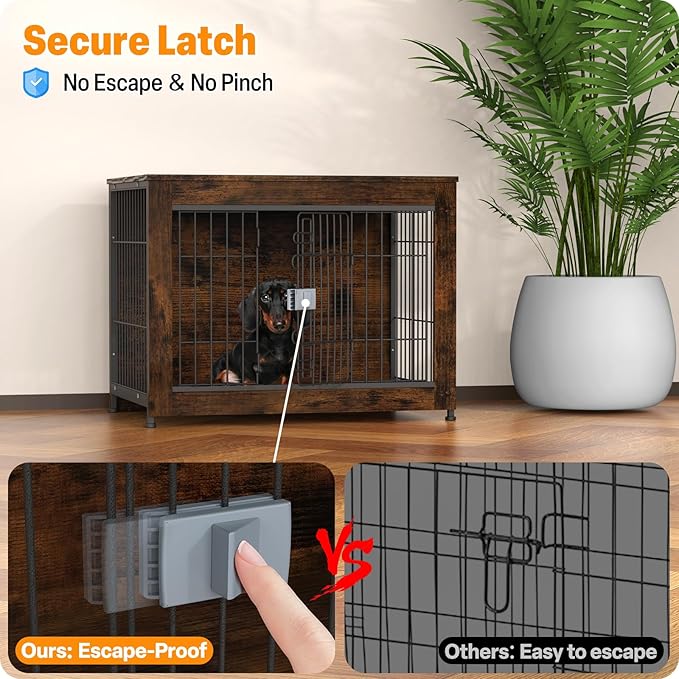 Furniture Style Dog Crate, 32" Wooden Dog Kennel End Table with Solid Top, Indoor Pet Crate House with Secure Slide Lock, Modern Dog Cage Furniture for Small & Medium Dogs, Aged Black