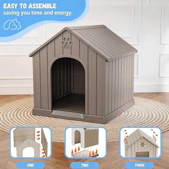 DRATO Indoor & Outdoor Dog Houses, Resin Material Dog House with Waterproof Roof and Raised Floor Design(Gray