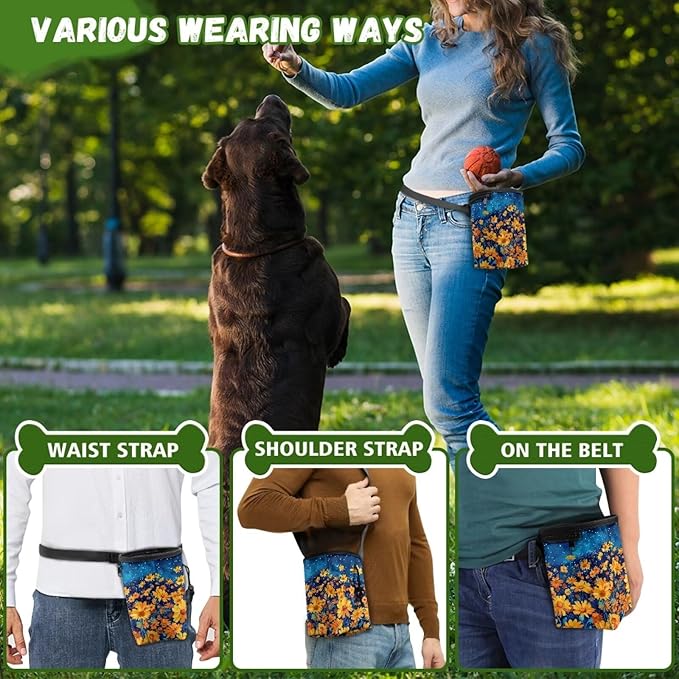 Night Daisy Dog Treat Bag Puppy Training Pouch Hands-Free Design Portable Dog Walking Bag Easily Carrying Treat Snack Bags Reward Pouch for Pet Travel or Outdoor Use