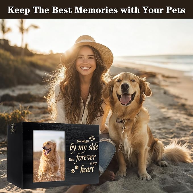 Pet Urns for Dogs or Cats Ashes with Photo Frame, Wooden Memory Box for Keepsakes with Black Flannel as Lining, Pet Memorial Gifts for Dogs (Black X-Large)