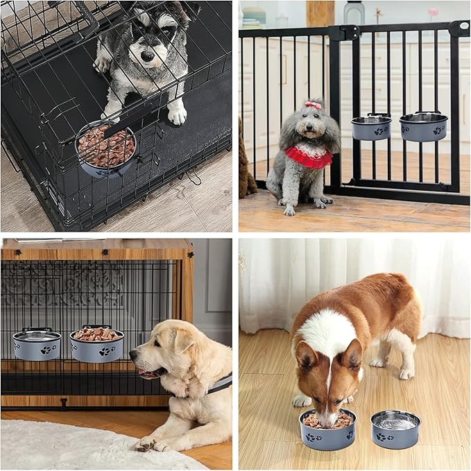Hanging Dog Bowls for Kennel, ShineMe Stainless Steel Attachable Dog Bowls for Crates Hanging 2 Pack Food and Water Bowl No Spill for Medium and Small Sized Dogs (6.2x2.6” & 5.5x2.4”)