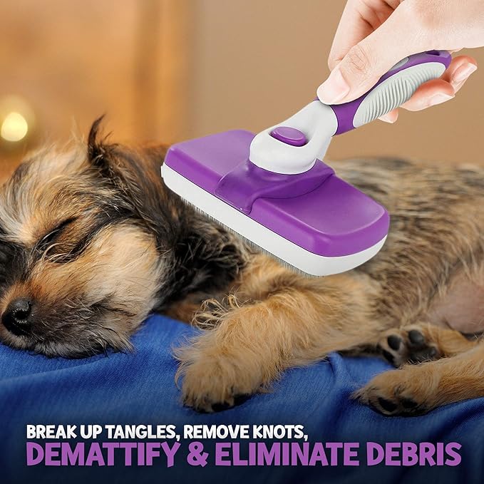 POODLIE Dog Grooming Brush, Self Cleaning Slicker Brush for Dogs and Cats - Removes Tangles, Loose Hair - Poodles, Pomeranians, Yorkies, Soft Pins - Purple