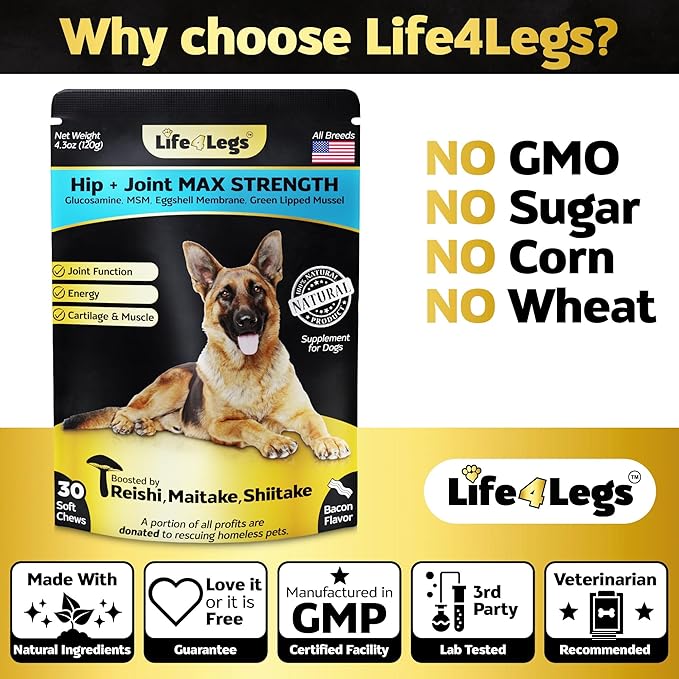 Premium Hip and Joint Supplement for Dogs, Glucosamine for Dogs with Chondroitin, MSM, Turmeric & Omega 3, Daily Dog Joint Supplement Soft Chews, Bacon, 30 Count