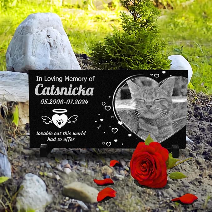Generic Personalized Pet Memorial Stones,Dog Headstones, Cat Tombstone Outdoor, Black Granite Memorial Garden Stone Engraved with Photo, Pet Headstone Sympathy Gifts (for Pets) (cat)