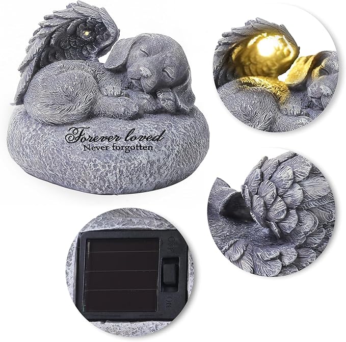 Pet Memorial Gifts for Dogs,Hand-Sculpted Resin Pet Loss Sympathy Gift with LED Light, Pet Angel Sleeping Dog Memorial Stone Statue Pet Headstone Grave Markes for Loss Dog Sympathy Gift
