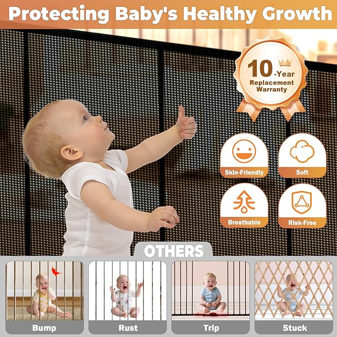 275" Retractable Baby Gates Dog Gate Extra Wide, 52" Tall Child Pet Safety Gate with Reinforced Strips for Stairs, Long Mesh Garage Gates Fence for Outdoor Indoor Large Openings Driveway Decks Patio
