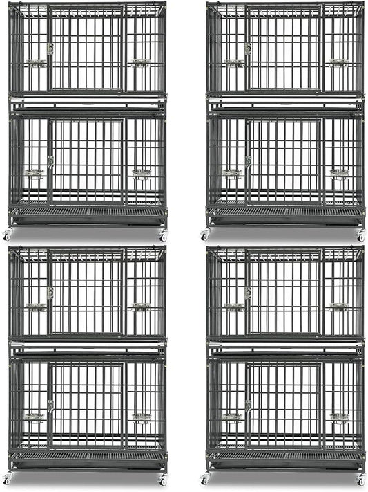 Homey Pet Two Tiers 37 Inch Dog Crate Cage Kennel with Feeding Bowls, Lockable Wheels and Removable Tray, Escape Proof Metal Wire Heavy Duty Dog Crates for Medium/Small Sized Dogs (4 Pack)