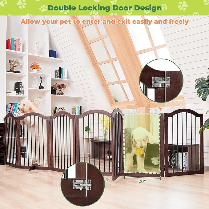 PrimeZone 144" Extra Wide Dog Gate - 6-Panel 30" Tall Solid Acacia Wooden Freestanding Puppy Gates with Door, Foldable Indoor Pet Fence for Doorways, Stairs, Support Feet Included, Brown
