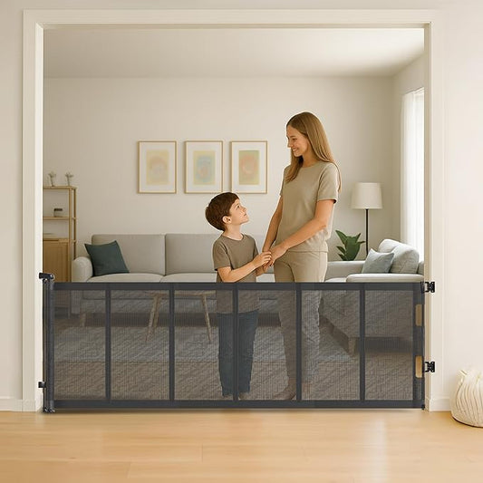 34" H Tall Mesh Dog Gate Extends Up to 150" W Retractable Pet Gate with Drill Installation, Preventing Crawling Through for Stairs, Doorways, Indoor & Outdoor (Gray)