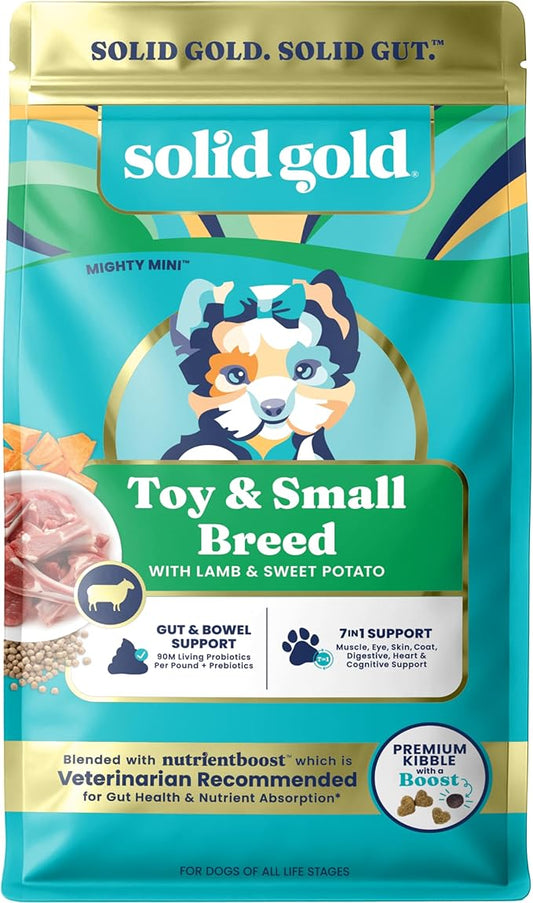 Solid Gold Toy & Small Breed Dry Dog Food Small Bites – Real Lamb, Grain Free, Gluten Free, High Fiber Healthy Kibble w/Probiotics for Gut Health & Digestion Support– All Ages NutrientBoost –3.75LB