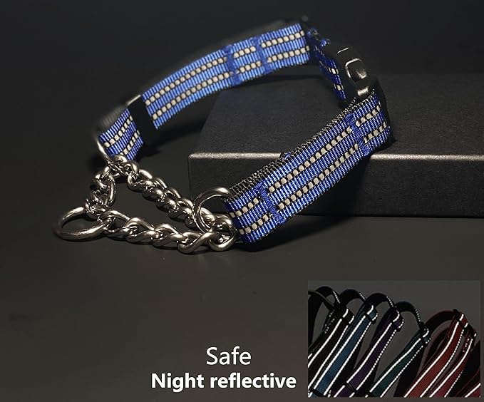 Martingale Collars for Dogs, Heavy Duty Stainless Steel Chain Training Collar, Reflective Nylon Adjustable Collar with Quick Release Buckle, Suitable for Puppy Medium Large Dogs((Blue, XS)