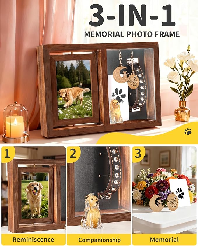 Dog & Cat 3-IN-1 Memorial Wooden Picture Frame Set, Lost Pet Sympathy Gifts with 360° Rotation Wooden Picture Frame for Two 4"x6" Photos, Pet Memory Gifts for Dog/Cat Passing