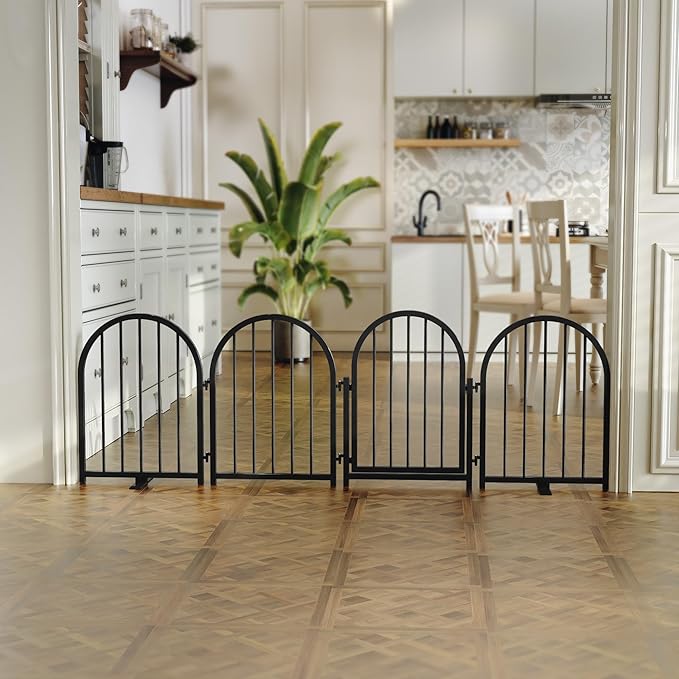 Full Metal Dog Gate with Door for Indoor Outdoor, 24" Tall Free Standing Pet Dog Fence, 72" Extra Wide Pet Gates for Stairs, Hallways, Doorways, Kitchen, Decks, Yards (Black, 4 Panels)