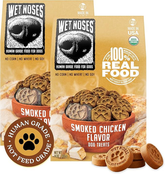 Wet Noses Organic Crunchy Dog Treats – All-Natural, Human-Grade, Non-GMO, Healthy Training & Delicious Snacks for Dogs, for All Dog Sizes & Breeds – Smoked Chicken, 14oz (2 Pack)
