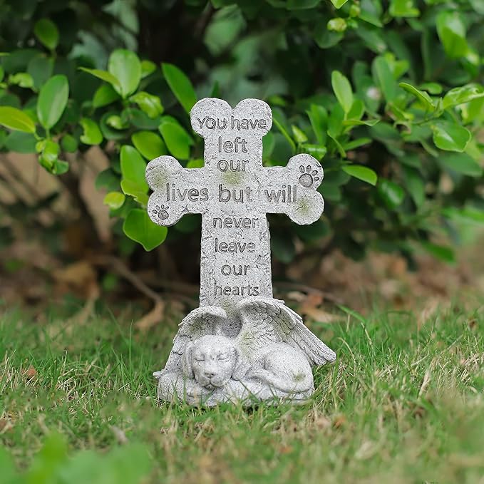 Memorial Statue - Sleeping Dog Angel Cross Tombstone, Grave Marker for Deceased Pet, Loss of Dog Memorial Sympathy Gift - Polyresin, Stone Finish, 8.27 Inch