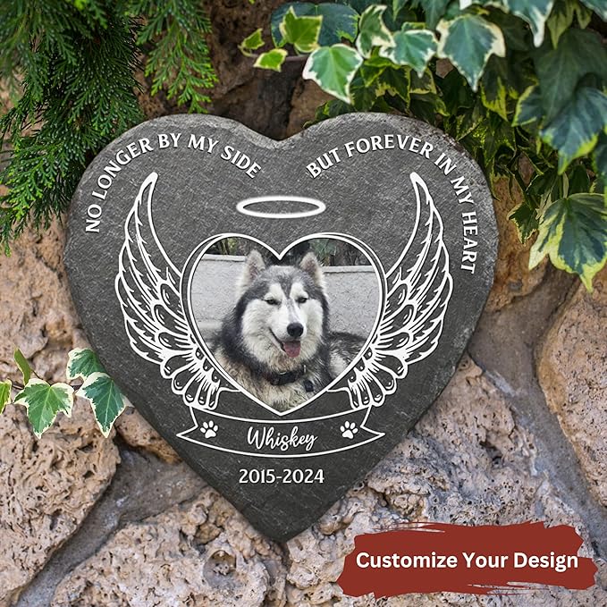 Wrappiness Pet Memorial Stone - No Longer by My Side Forever in My Heart, Personalized Dog Memorial Gifts, Remembrance Condolences Bereavement Gifts for Loss of Pet Custom Photo (Heart 04, Stone)