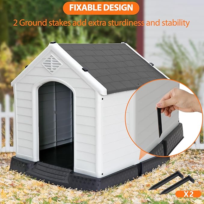 Large Plastic Dog House Indoor Outdoor Doghouse Dog Kennel Easy to Assemble Puppy Shelter with Air Vents Elevated Floor Waterproof (Grey, 28inch)