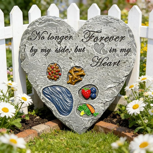 Heart Shaped Dog Memorial Garden Stone with Paw Print & Treats & Food - Sympathy Gift for Loss of Pet Outdoor Grave Marker Remembrance Dog Passing Away