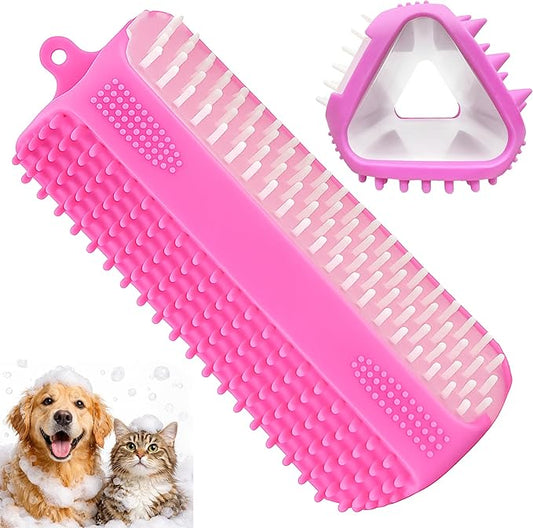 Triangular Wrap-Around Pet Grooming & Bath Brush for Dogs & Cats – 3-in-1 Silicone Dog Bath Brush with Deshedding Bristles, Massage Cones & Deep Cleaning Nubs, Soft Flexible Self-Cleaning Design,Pink
