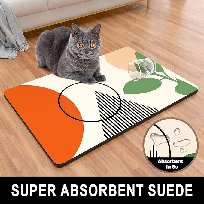 Dog Food Mat, 12" x 19" Absorbent Dog Cat Bowl Mat for Food and Water, Cute Anti-Slip Rubber Pet Feeding Rug Protect Floors, Placemat for Feeding & Watering Supplies, Modern Abstract Art