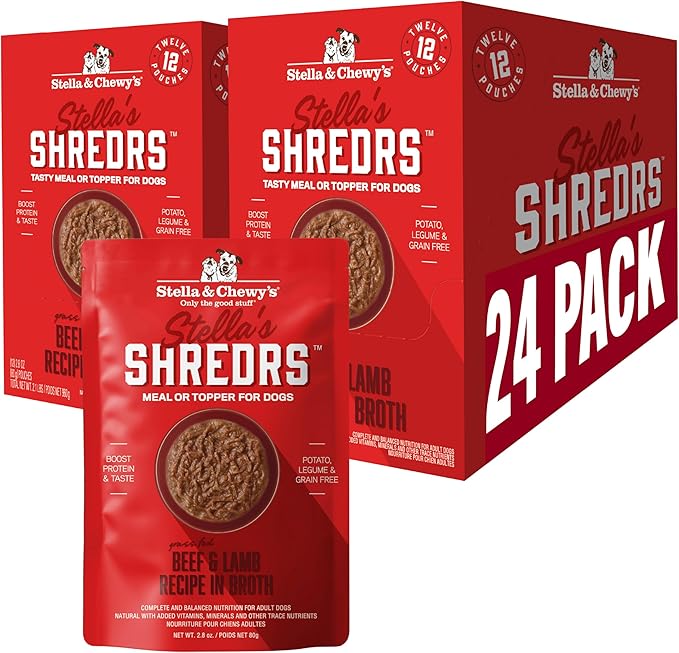 Stella & Chewy's Grass Fed Beef & Lamb Shredrs - Premium Dog Food Pouches - Perfect for Picky Eaters - 24 Pack, 2.8oz Each