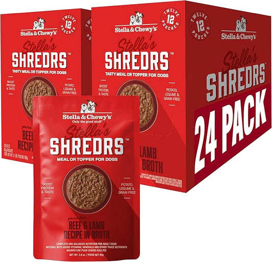 Stella & Chewy's Grass Fed Beef & Lamb Shredrs - Premium Dog Food Pouches - Perfect for Picky Eaters - 24 Pack, 2.8oz Each