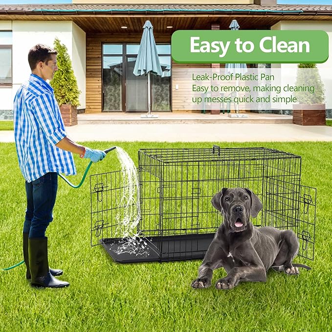 48'' Foldable Metal Wire Dog Crate Double Door, Folding Portable Cage, Collapsible Heavy Duty Extra-Large w/ Leak-Proof Pan/Divider/Handle, Kennel for Dogs Indoor
