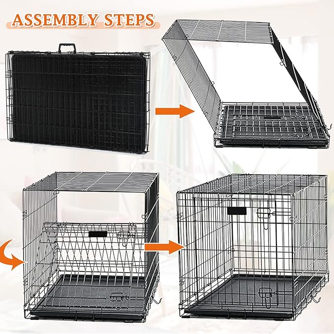 48 Inch Large Dog Crate Dog Kennel Cage Metal Wire Crates Pet Cages Double-Door Foldable Kennels with Handle and Plastic Tray Indoor&Outdoor,Black XXL