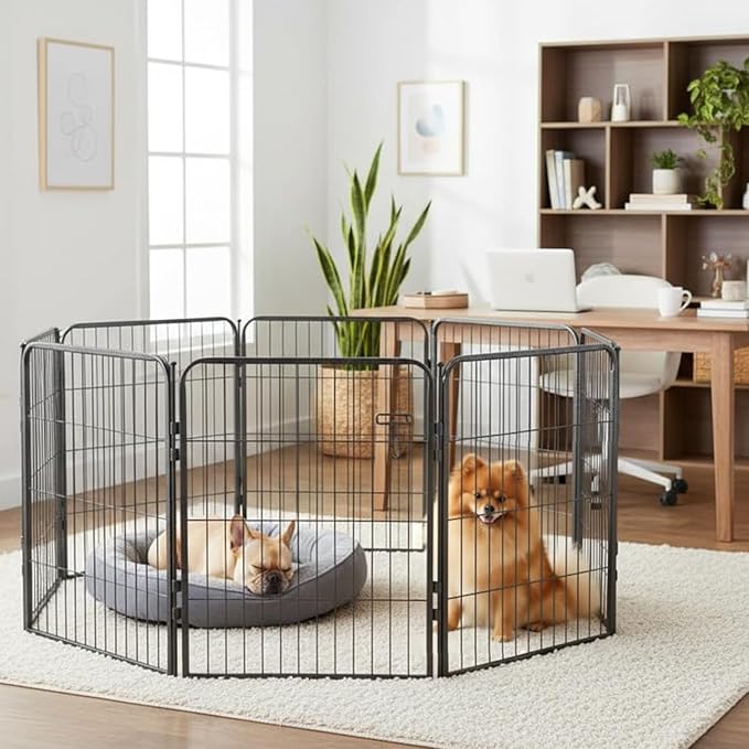 Dog Playpen w/Carrying Case for Indoor or Outdoor Use – 32 Inch, 8 Grey Panels - Portable Metal Exercise Pen for Small & Medium Dogs - Pet Fence Kennel Crate for House, RV, or Travel