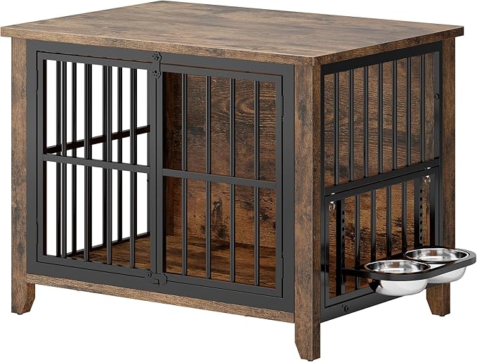 31.5" Dog Crate Furniture, Wooden Dog Kennel Indoor with 360° Rotating Feeder and 2 Adjustable Bowls, Decorative Side End Table Dog Cage for Medium and Small Dogs, Rustic Brown