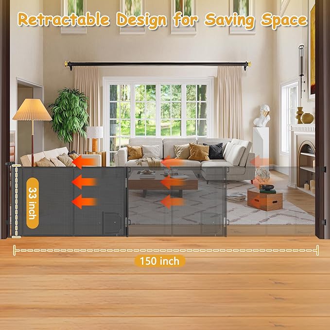 Reinforced 150” Extra Wide Retractable Baby Gate with Cat Door 12.5ft Outdoor Pet Gates for Wide Openings 33 Inch Tall Retractable Dog Gates for Doorways Long Pet Gate Indoor with Cat Door, Black