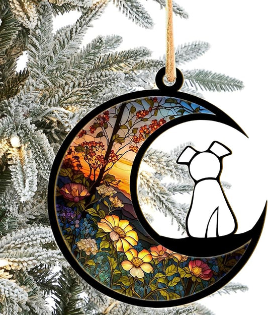 LOVELYPOD DIY Dog Ornament Suncatcher Memorial Gifts for Dog Lovers, White Dog Decor on Moon Window Hangings Suncatcher, Loss of Dog Sympathy Gift, Remembrance Gifts in Memory(4 Inches)