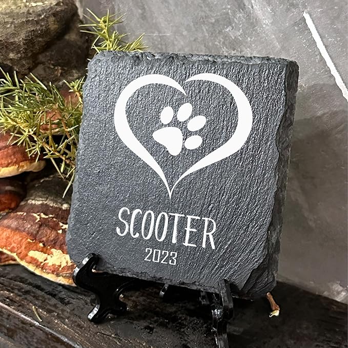 Personalized Individual Square Memorial Plaque + Stand for Pet Cat Dog Slate Stone Frame Paw Grave Marker - Size 3.94" x 3.94" or 100 x 100 mm - Heart