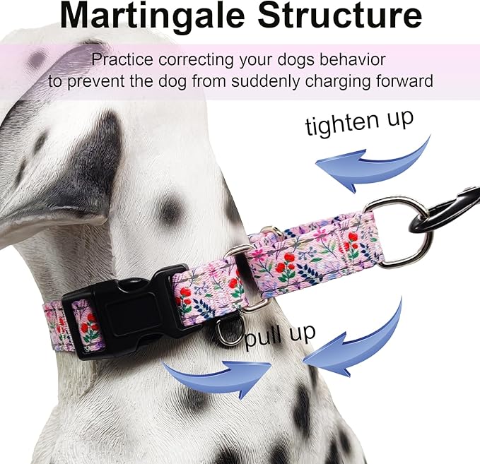 Reflective Martingale Collar with Quick Release Buckle Anti Pulling Girl Female Dog Collars (Pink Flowers Plants, Large)