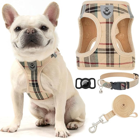 EXPAWLORER Plaid Small Dog Harness and Leash Set with AirTag Holder - Soft Padded Step in Dog Vest Harness Medium Sized Dog, No Pull Reflective Puppy Harness, Collar and Leash for Walking, Khaki XXS