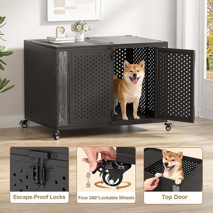 42" Heavy Duty Dog Crate Furniture for Large and Medium Dogs, Enclosed Design with 0.5 inch Holes, Indestructible Metal Kennel for High Anxiety Dogs, Chew Proof Pet House Cage Indoor